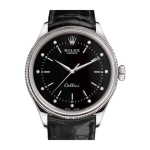 Rolex Cellini 50509 Black Diamond Dial Leather Strap Time 39mm Watch