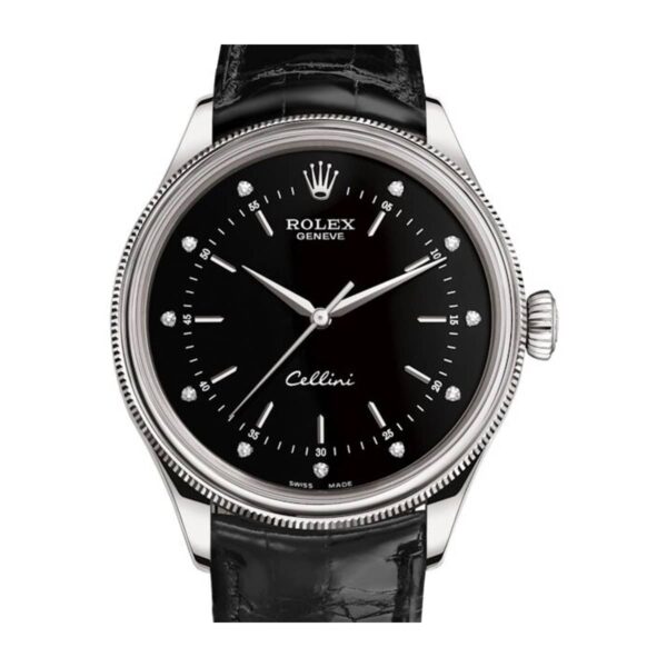 Rolex Cellini 50509 Black Diamond Dial Leather Strap Time 39mm Watch